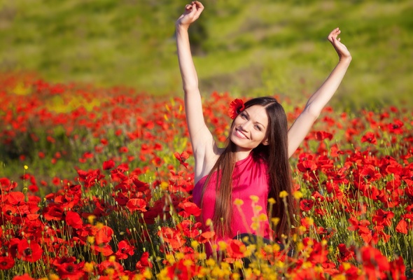 smiles, girls, flower, moods, brunette, long hair, skinny, delicious, sexy