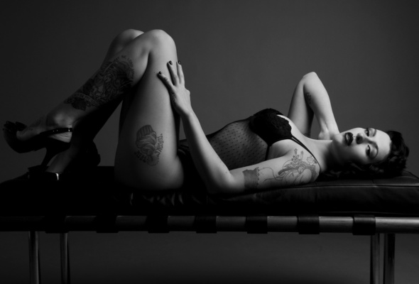 bella white, brunette, model, sexy babe, tattoo, laying, posing, lingerie, heels, pin up style, burlesque, black and white, b&w, tattoos, erotic art, legs, high heels, pin up, hi-q, lingerie series