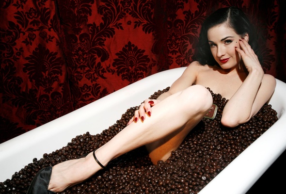 dita von teese, model, sexy babe, actress, bath, long hair, brunette, legs