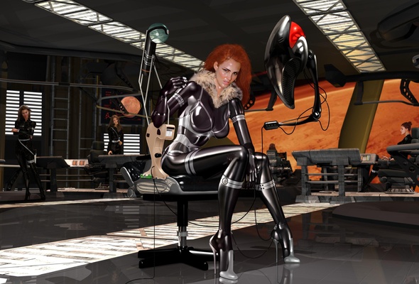 3d, art, fake, virtual babe, sexy babe, artwork, sitting, chair, latex, lingerie, fetish, shiny clothes, heels, redhead, rubber in space, mars needs women, fetish babe, 3d latex