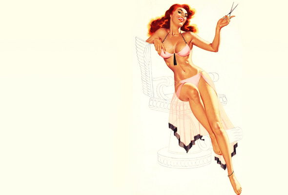 artwork, pin up style, sexy babe, redhead, posing, pink, lingerie, smile, legs, feet, fantasy, pin up, drawn, own cut