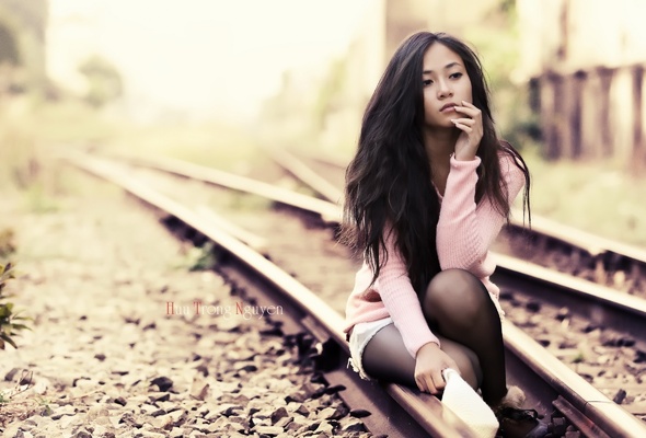 huu trong nguyen, asian, girl, railroad, railline, railway, tracks, sexy babe, long hair