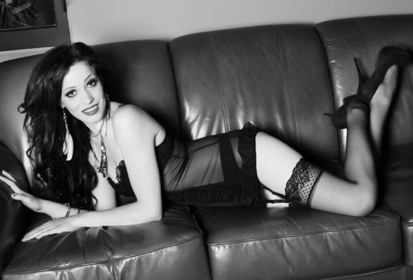 amya, brunette, milf, long hair, model, sexy babe, posing, laying, leather, sofa, black, lingerie, high heels, stockings, smile, black and white, b&w, pin up style, lingerie series, skinny, delicious, sexy, small tits, tiny tits, perfect girl, monochrome
