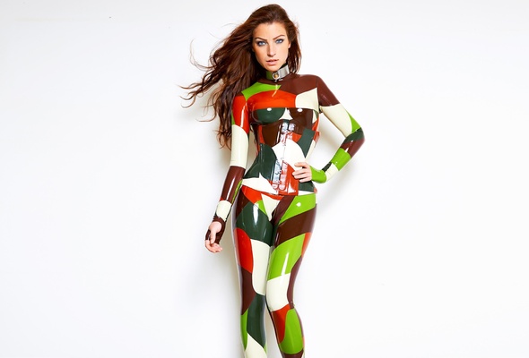 gia felino, model, sexy babe, brunette, long hair, posing, latex, catsuit, rubber, fetish, multicolor, fullsuit, corset, necktie, gia, minimalist wall, own cut, fetish model, skinny, delicious, sexy, perfect girl, vinyl, 100% fetish, lingerie series, f, fetish babe