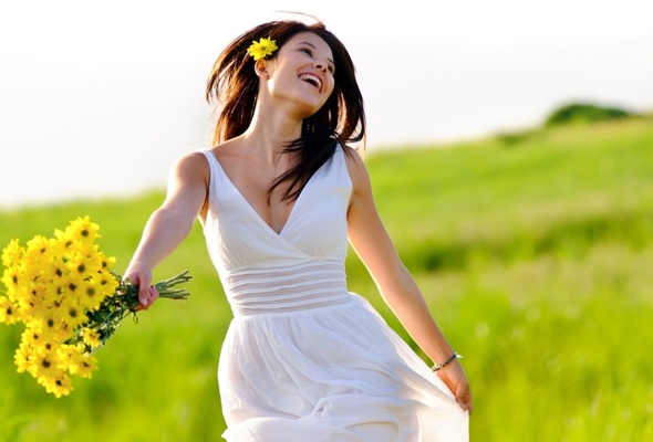 model, smiles, flower, grass, outdoors, dress