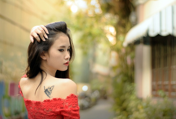 asian, girl, outdoors, dress, beauty, smile, tattoo