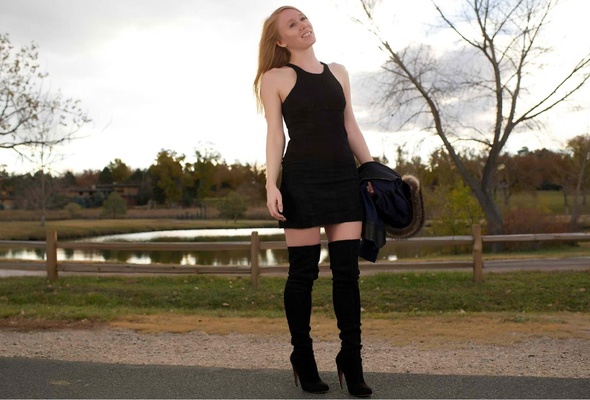 sexy babe, redhead, amateur, posing, outdoor, sexy dressed, leather, high boots, black, minidress, lake, water, landscape, heaven, clouds