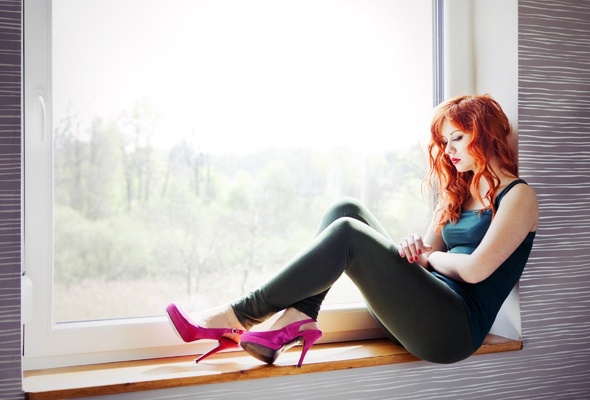 young, redhead, model, long hair, sexy babe, sitting, posing, sexy dressed, erotic, red lips, window, pink, high heels, tight clothes, legs, graceful a foot, beautiful hair