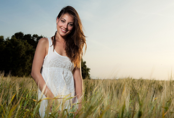 lorena garcia, outdoors, grass, dress, smile