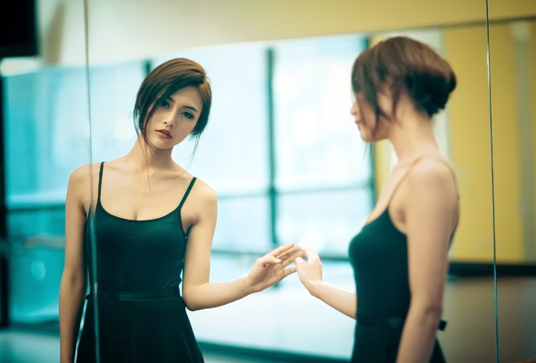 asian, girl, ballet, brunette, mirror, reflection