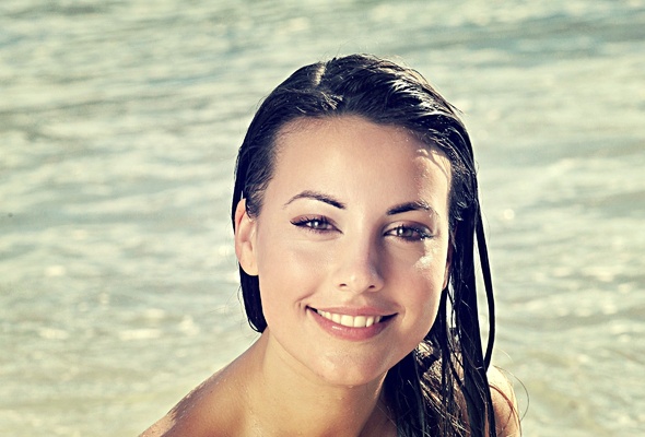 lorena garcia, outdoors, smile, pool, water, face, charming smile, beautiful eyes