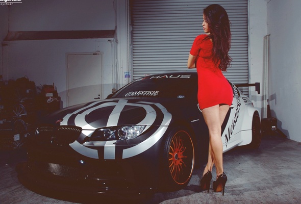 arlie elizabeth, car, garage, back, red, dress