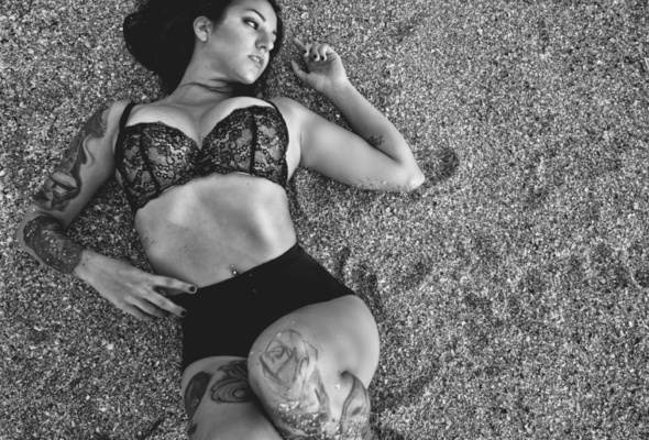 stephanie marazzo, brunette, australian, model, busty, sexy babe, long hair, tattoo, close up, eyes, face, black and white, b&w, laying, beach, sand, lingerie, bra, panty, erotic, bellybutton, piercing, lingerie series