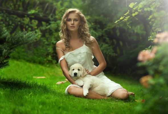 blonde, blue eyed beauty, dog, girl, dress, sexy, outdoor, flowers, widescreen, non nude