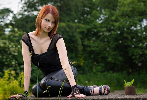 young, redhead, model, slim, sexy babe, short hair, sitting, posing, smile, outdoor, sexy dressed, black, leather, pants, feet, hardcore, bj, top, gloves, erotic