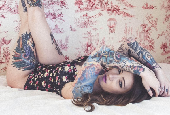 bonnie holiday, young, brunette, model, tattoo, sexy babe, long hair, close up, eyes, face, laying, bed, lingerie, leotard, erotic, tattoos, body art, bonnie
