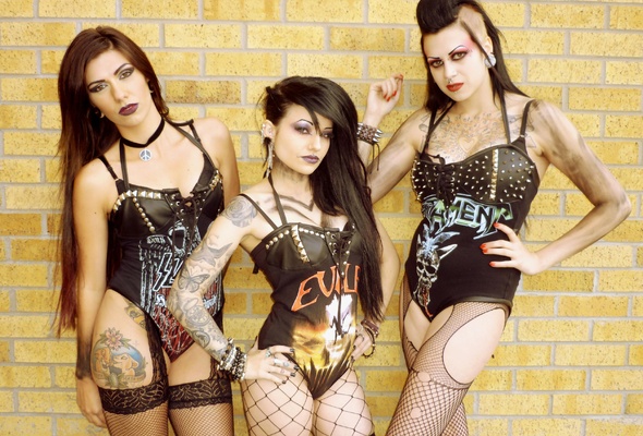 3 babes, brunettes, model, suicide girls, sexy babe, long hair, tattoo, posing, lingerie, leather, body, fishnet, stockings, pantyhose, three, whores, piercing, tattoos, body art, fetish babe