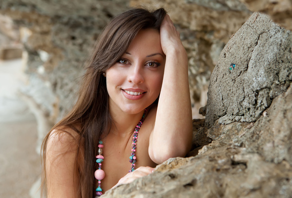 lorena garcia, brunette, sexy girl, adult model, beads, smile, long hair, view, look, innocent face, hi-q, close up