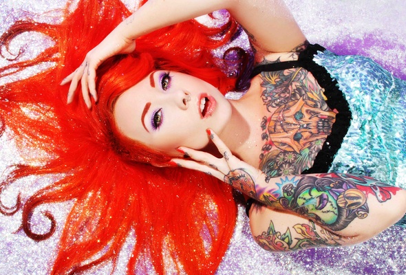 megan massacre, young, redhead, alternative, model, slim, sexy babe, long hair, close up, eyes, face, tattoo, erotic, make up art, tattoos, body art, megan, hi-q