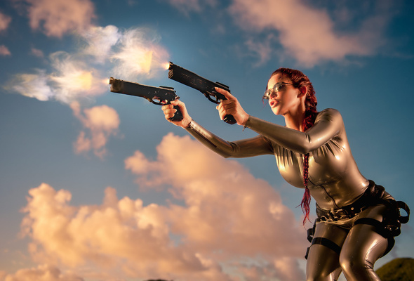 bianca beauchamp, canadian, model, redhead, sexy babe, fetishqueen, cosplay, lara croft, tomb raider, close up, tight clothes, rubber, fetish, catsuit, firing, pistols, girls and guns, tomb raider set, fantasy, bianca, guns, successfull re-up, fetish babe