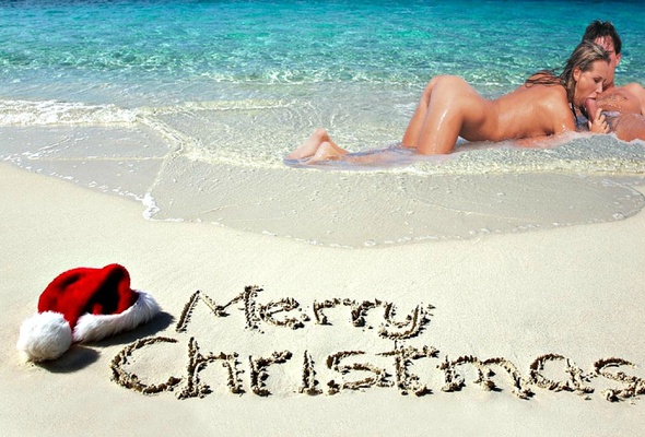 merry christmas, beach, sand, couple, sucking cock, water, christmas