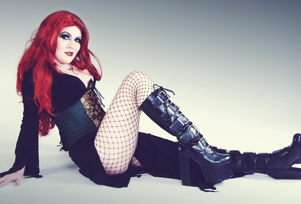 madame mercy, redhead, alternative, amateur, model, busty, milf, sexy babe, long hair, posing, sitting, sexy, dressed, black, robe, corset, fishnet, pantyhose, leather, knee boots, make up art, hi-q, pin up style, plateau boots, babes in boots