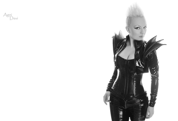 agni devi, blonde, russian, alternative, fetish model, slim, sexy babe, short hair, posing, shiny, pvc, fancy dressed, hairstyle, sexy, decollete, black and white, b&w, erotic, fetish, lingerie series, minimalist wall, own cut, successfull re-up, agnidog photo