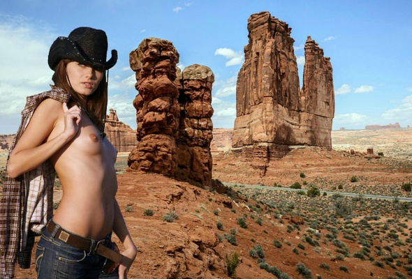 maya, model, cowgirl, topless, boobs, nipples, canyon, hat