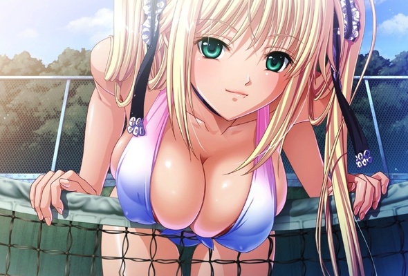 blonde, ribbons, tennis, hentai, green eyes, widescreen cut