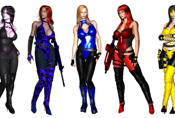 3d, 5 babes, virtual, blonde, redhead, brunette, hotties, tight clothes, automatic weapons, art, sexy, dressed, artificial, hotties, hot, decollete, erotic, minimalist wall, girls and guns, just, widescreen cut, girls and guns