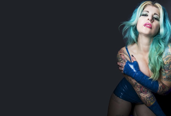 miss mischief, brunette, erotic, fetish, glamour, tattoo, model, slim, curvy, sexy babe, long hair, blue highlights, close up, eyes, face, piercing, blue, latex, lingerie, gloves, erotic, hi-q, minimalist wall, own cut, fetish babe, lingerie