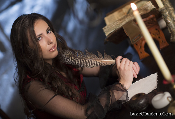 calvera, brunette, long hair, feather, candle, flame