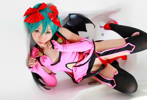 young, slim, exotic, sexy babe, asian, blue wig, cosplay, hatsune miku, posing, laying, bathroom, bathtub, sexy dressed, tight clothes, stockings, legs, red, high heels, erotic, re-up