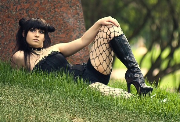 brunette, young, alternative, gothic, amateur, model, slim, sexy babe, long, hair, posing, outdoor, laying, sexy, dressed, black, necktie, corset, tight, pants, fishnet, pantyhose, pvc, knee boots, different, erotic, babes in boots
