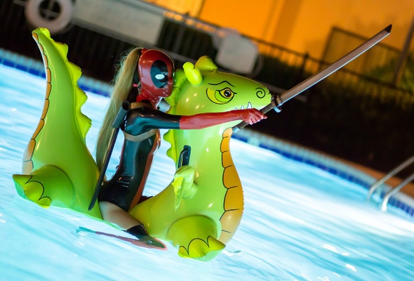 marvel, young, slim, cosplayer, amateur, model, sexy babe, posing, outdoor, pool, water, sexy dressed, tight clothes, latex, stockings, sitting, inflatable, dragon, katana, erotic, shiny clothes, lady deadpool