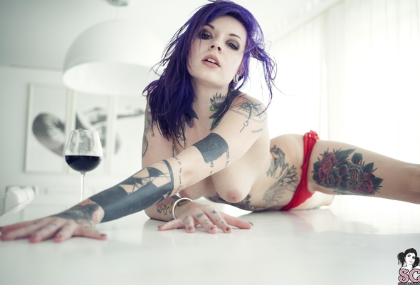 katherine, tattoo, legs, face, hair, color, nude, sexy, naked, cute, beauty, hot, body, piercing, suicide girl, suicide girls, rebecca crow, katherine suicide, hi-q, close up, tattoos, body art, purple hair