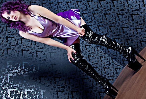 salvation, brunette, slim, alternative, model, busty, slim, sexy babe, purple, hair, posing, latex, lingerie, minidress, black, overknee, pvc, crotch boots, fetish babe, sexy, decollete, plateau boots, erotic, homemade, babes in boots