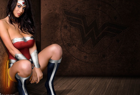 wonder woman, boots, hero, girl, face, hair, eyes, legs, beauty, alice goodwin, brunette, long hair, busty, sexy babe, posing, kneeling, shiny, tight clothes, hot, decollete, knee boots