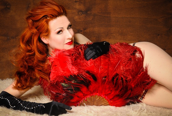 burgundy brixx, canadian, redhead, pin up, burlesque, glamour, model, busty, milf, sexy babe, long hair, erotic, red lips, posing, laying, smile, lingerie, covered, feathers, fan, erotic, burlesque star, pin up style