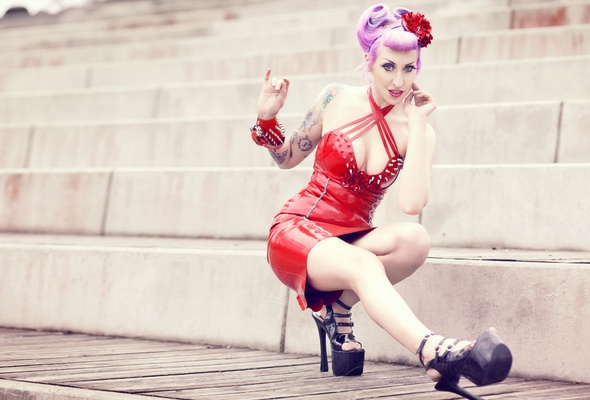 slim, young, alternative, tattoo, fetish model, sexy babe, pink hair, pale skin, blue eyes, posing, outdoor, sexy dressed, red, latex, minidress, sexy, decollete, shiny, rubber, fetish, legs, plateau heels, erotic, fetish babe, jos