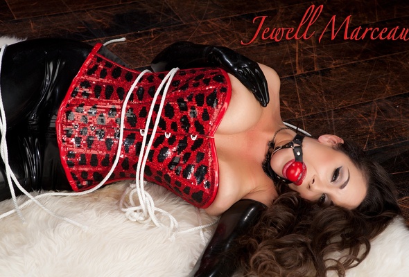jewell marceau, brunette, american, glamour, adult model, busty, milf, sexy babe, long hair, pornactress, posing, laying, ballgagged, submissive, babe, tight clothes, latex, leggings, gloves, red, corset, erotic, fetish babe, jewell, scarlett f