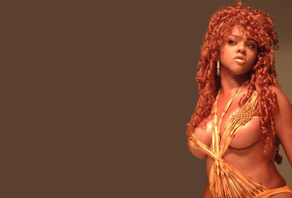 lil kim, denise jones, american, female rapper, actress, celebrity, exotic, busty, ebony, milf, sexy babe, long hair, red, extensions, close up, super boobs, shiny, lingerie, monokini, erotic, minimalist wall, hi-q, own cut, curvy, body, real