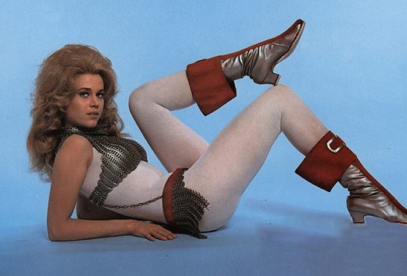 jane fonda, blonde, american, actress, sex symbol, glamour, movie, hollywood, barbarella, posing, laying, tight clothes, white, catsuit, metal, bra, shiny, boots, erotic, retro, fetish babe, jane, jane seymour fonda, real celebs wall