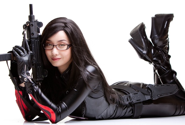alodia, brunette, exotic, cosplayer, amateur, model, slim, asian, sexy babe, long hair, laying, shiny, lycra, catsuit, pvc, knee boots, cosplay, the baroness, girls and guns, uzi, erotic, smile, hi-q, girls and guns, alodia gosiengfiao, babes in boots, fetish babe