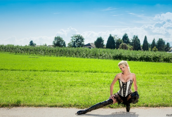 grass, latex, boots, shirt, model, blonde, path, fetish, outdoor, michelle, blonde, sexy babe, posing, kneeling, lingerie, corset, string, overknee, pvc, ballet boots, fetish babe
