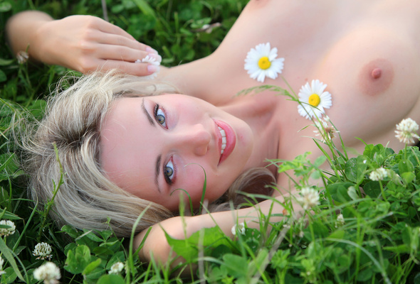 natalia, blonde, sexy girl, adult model, smile, flowers