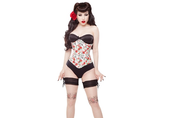 brunette, curvy, glamour, fetish, dessous, model, busty, sexy babe, long hair, posing, black, lingerie, bra, panty, multicolor, underbust corset, legs, stockings, minimalist wall, erotic, red lips, pin up style, lingerie series, own cut