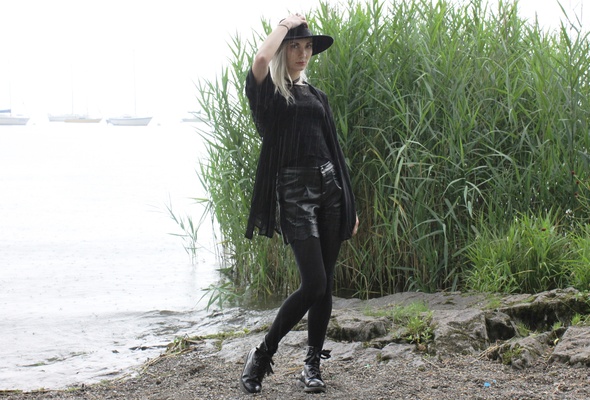 alternative, amateur, ankle boots, beach, black, blonde, casual wear, hat, hi-q, leather, long hair, model, outdoor, pants, pantyhose, posing, rain, sand, sexy babe, sexy dressed, slim, water, young