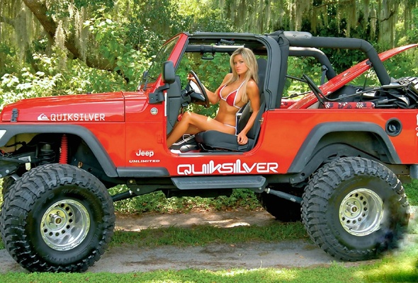 bikini, blonde, girl, jeep, model, perfect tits, surf board, surfboard, surfer, offroad