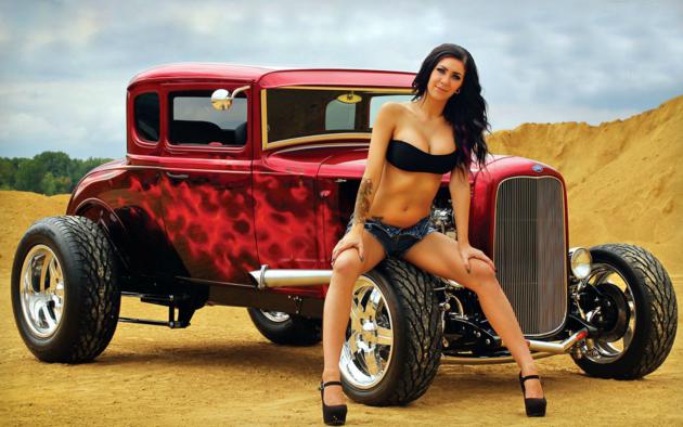 1930, big tits, brunette, ford, hot rod, legs, model, model a, non nude, red, tattoo